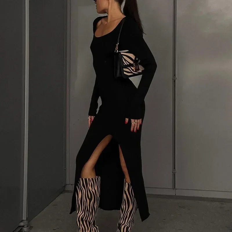 Square Neck Split Knitted Sweater Dress Long Sleeve Dress Slim Highwaist Dresses