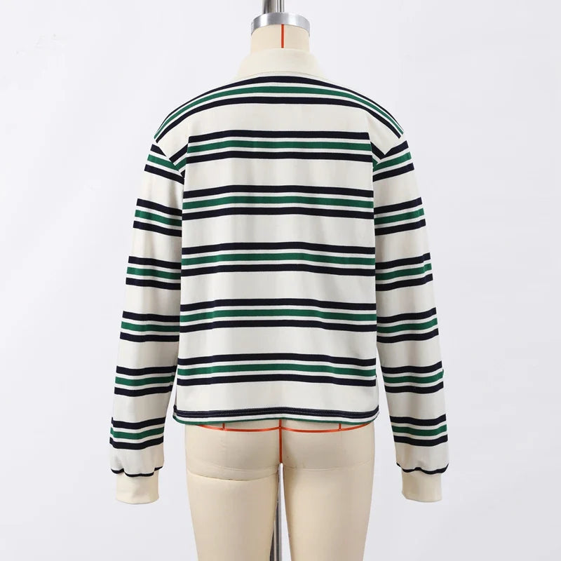 Stripe Basic T-shirt Long Sleeve Female All Match Polo Shirt Spring New Loose Tops High Street