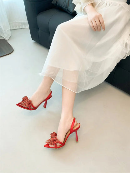 Crystal Rhinestone Bowknot Pointed Open Toe Back Strap Sandals Pink High Heels Wedding Prom Shoes Size 3541