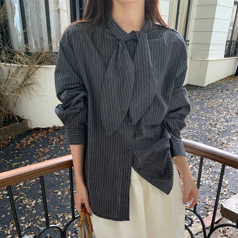 Striped Shirts Tie Long Sleeve Blouses Office Korean Single Breasted Design Tops