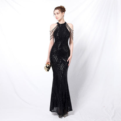 Halter Neck Sequined Evening Dresses Crystal Tassel Hip Skirt Sleeveless Rhinestone Decoration Long Dress