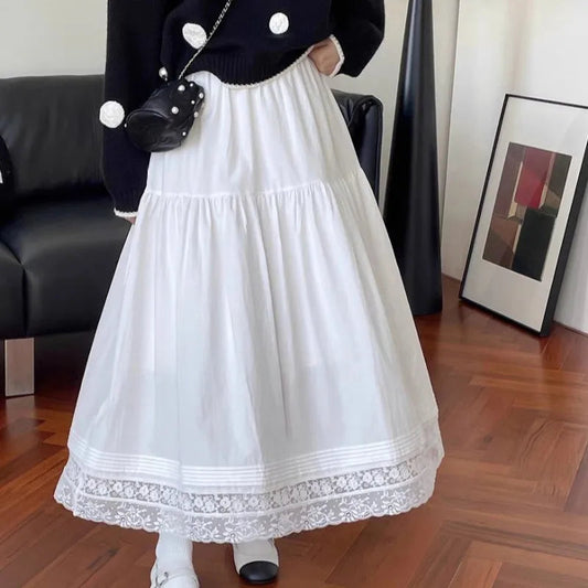 Lace Patchwork Skirts Aline Spring Summer Sweet Faldas Mujer Korean Long Skirt