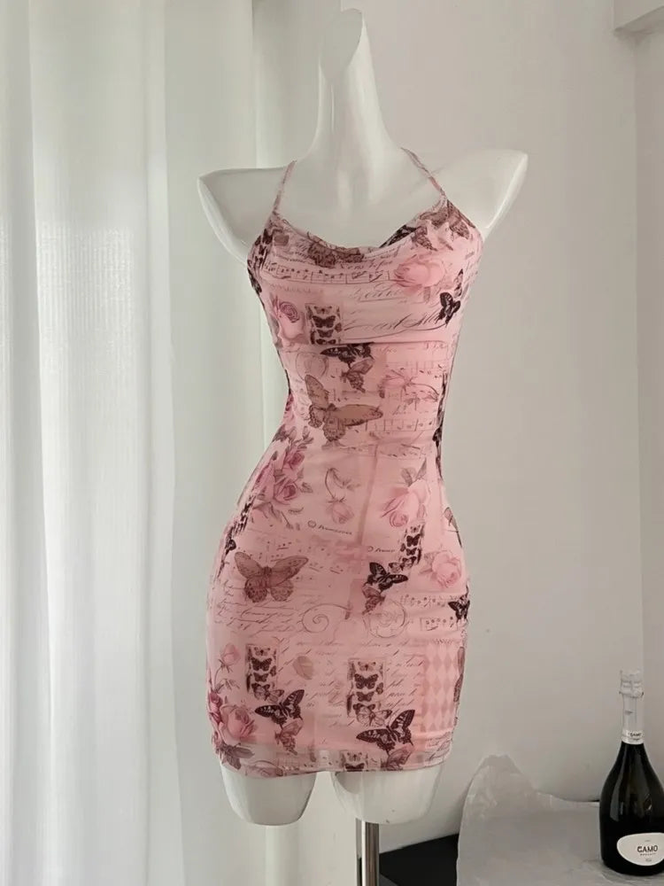Bodycon Backless Bandage Long Dresses for Summer Printed Spaghetti Strap Laceup Party Dress Prom Vestidos