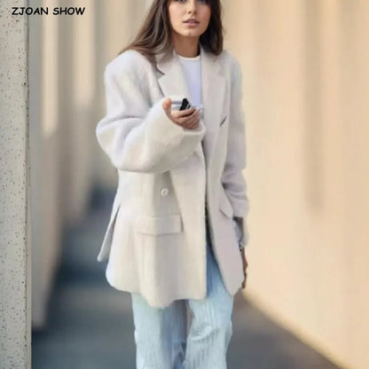 Long Hairy Shaggy Blazer Boyfriend Retro Back Double Slit Front Pockets Loose Oversized Suit Coat