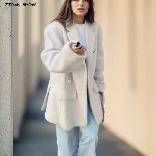 Long Hairy Shaggy Blazer Boyfriend Retro Back Double Slit Front Pockets Loose Oversized Suit Coat