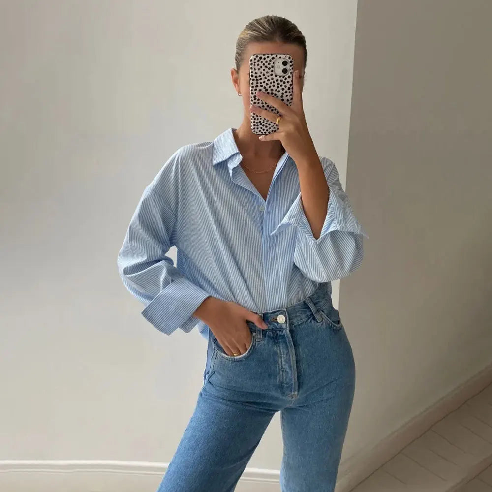 Autumn Striped Blouses for Basic Turndown Collar Long Sleeve Shirt Female Blouses