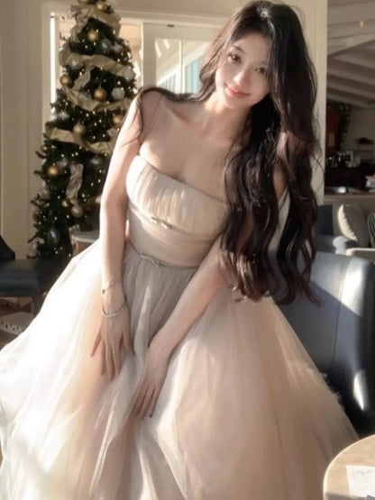 Fairycore White Princess Dress Sweet Ball Gown Birthday Party Vestidos Gauze Bodycone Strapless Camisole Long Dresses