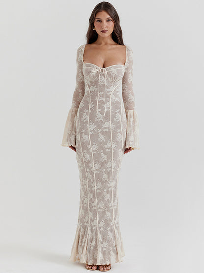 Lace Print Long Flare Sleeve Maxi Dress for Square Collar Backless Bodycon Club Party Dress