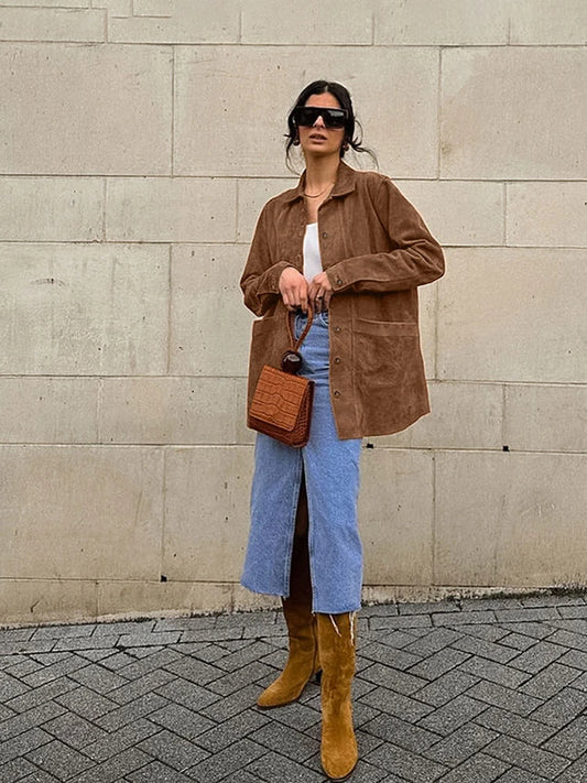 Suede Long Sleeve Jackets Autumn Loose Brown Lapel Coat Top With Pockets Female Street New in Outwear