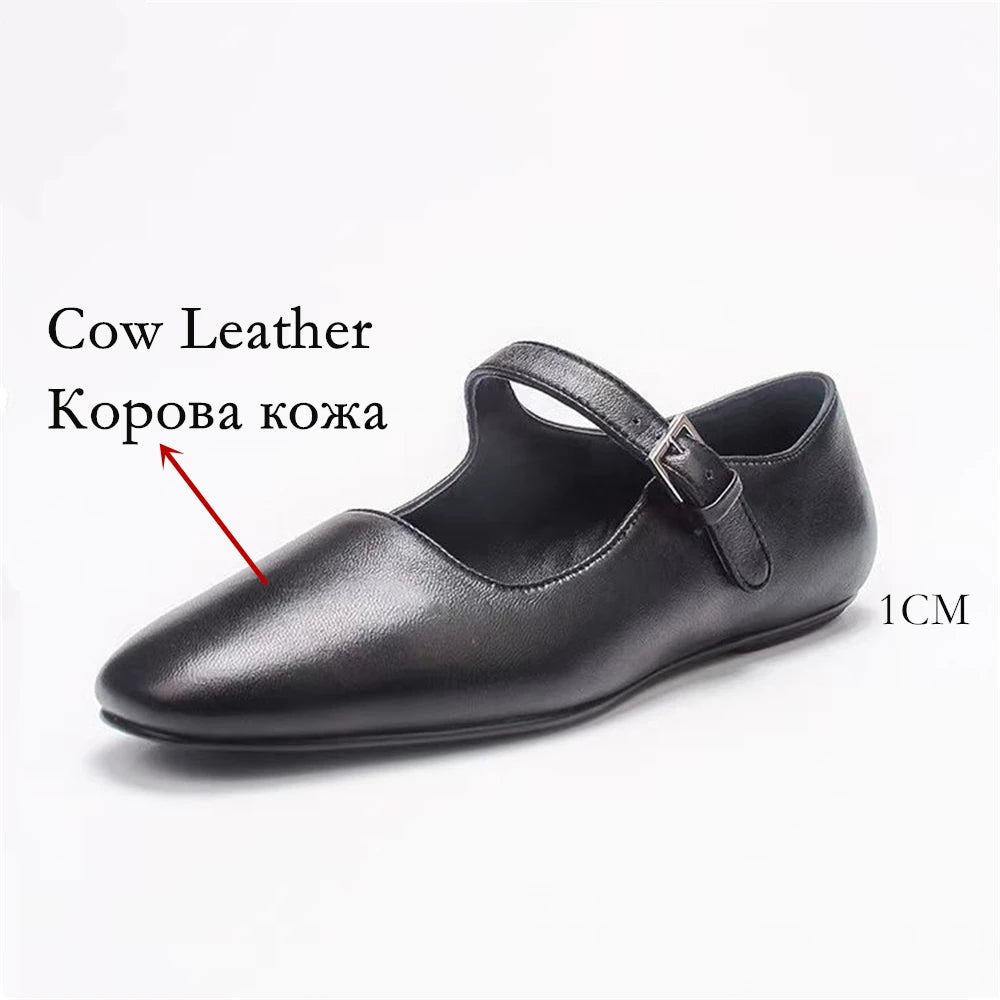 Brand Mary Jane Genuine Leather Flats Shoes Woman Buckles Flat Comfort Loafer Shoes Soft Leather Flats