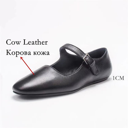 Brand Mary Jane Genuine Leather Flats Shoes Woman Buckles Flat Comfort Loafer Shoes Soft Leather Flats