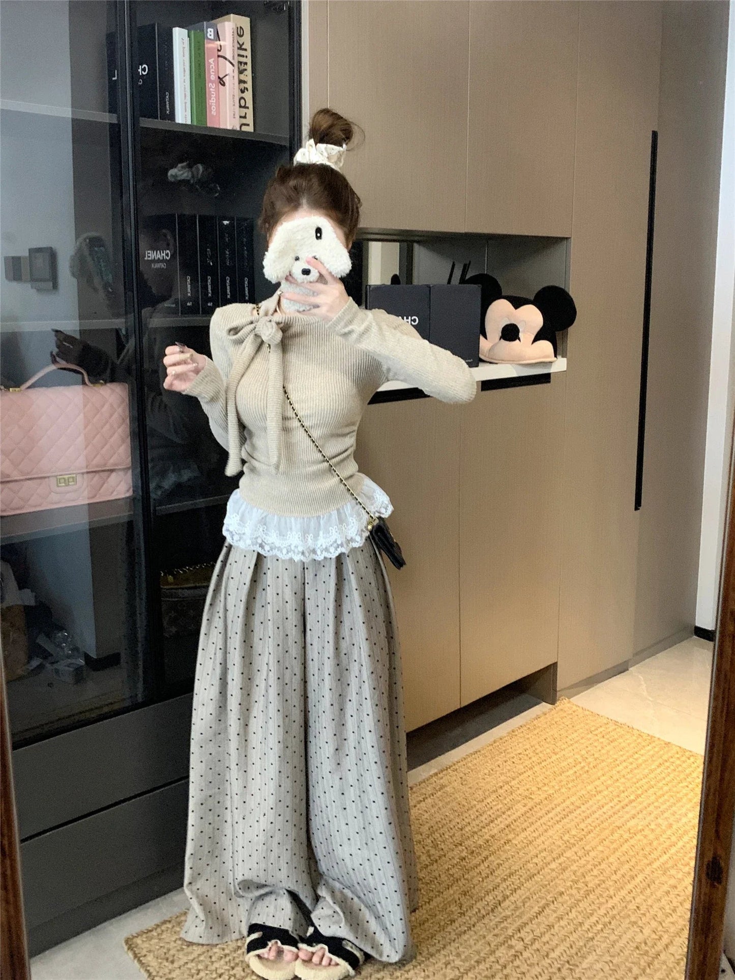 Gray Lace Spliced Knit Base Sweater for Ballet Style Autumn Winter Bow Tie Knitwear Lace Long Sleeve Pullover