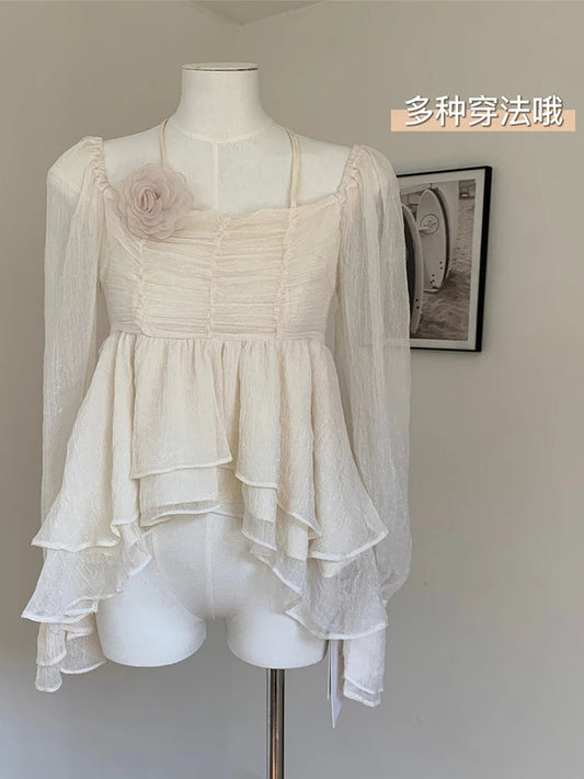 French Fairycore Butterfly Sleeve Blouses Sweet Thin Bandage Crop Top Simple Shirts Appliques Design Summer