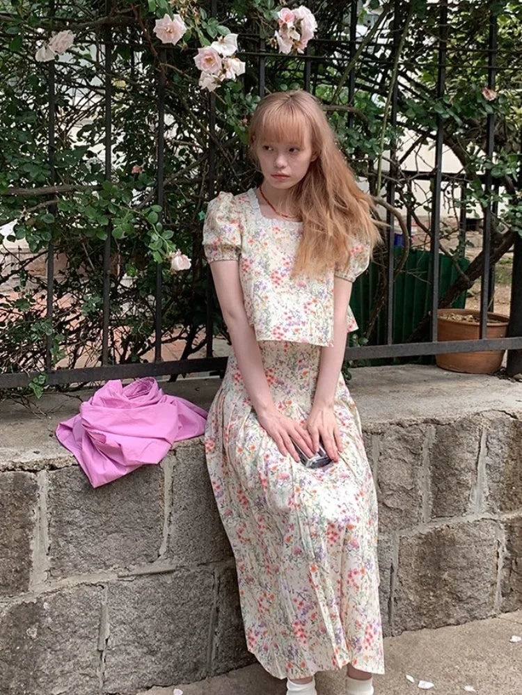 Shortsleeved Shirts Woman Square Collar Summer Half Skirt Pleated Aline Skirts Sets Conjuntos Cortos