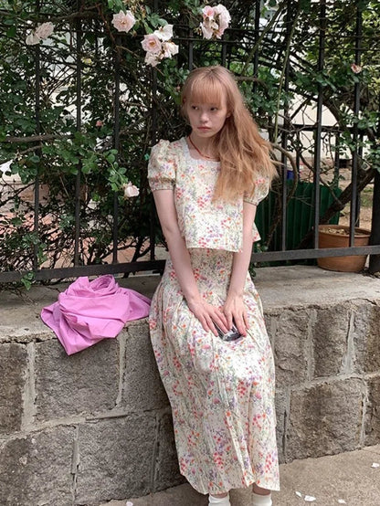 Shortsleeved Shirts Woman Square Collar Summer Half Skirt Pleated Aline Skirts Sets Conjuntos Cortos