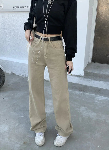 Baggy Khaki Jeans Straight Loose High Waist Trousers Star Patchwork Denim Wide Leg Pants