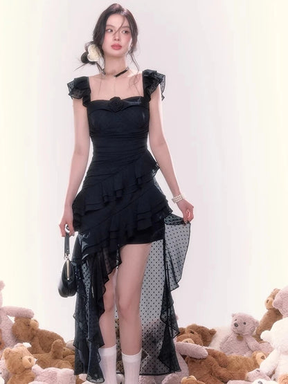Y2k Irregular Ruffles Midi Dresses for Sleeveless Birthday Party Dress Prom Robe Korean Summer New One Piece Vestido