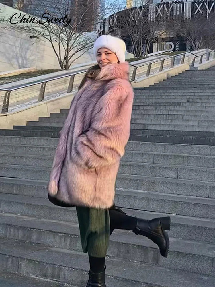 Winter Faux Fur Long Coat for Full Sleeve Fur Collar Oversize Female Jacket New Thick Warm Outwear