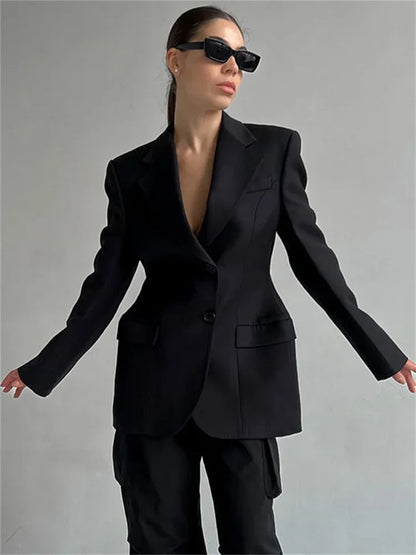 Black Lapel Suit Outwear for Pocket Long Sleeve Commute Patchwork Coat Female High Waist Autumn Blazers
