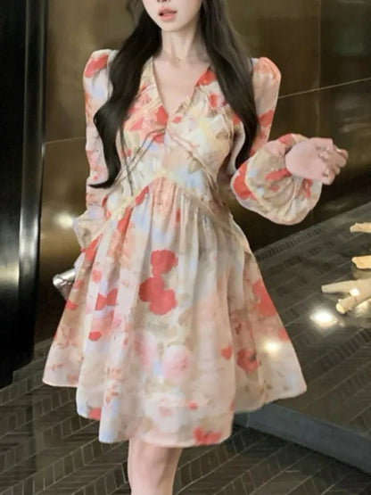French Printed Mini Dress Autumn Vneck Lantern Sleeve Party Dress Lace Slim Waist Aline Vestidos Largos