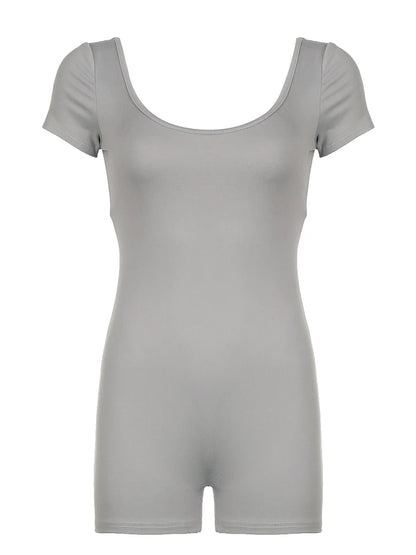 Shirring Backless Square Collar Short Sleeve Skinny Gray Rompers Playsuit Black Rave Summer Baddie Outfits