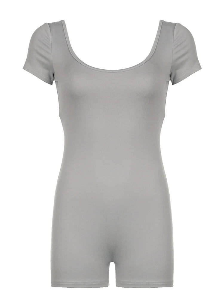 Shirring Backless Square Collar Short Sleeve Skinny Gray Rompers Playsuit Black Rave Summer Baddie Outfits