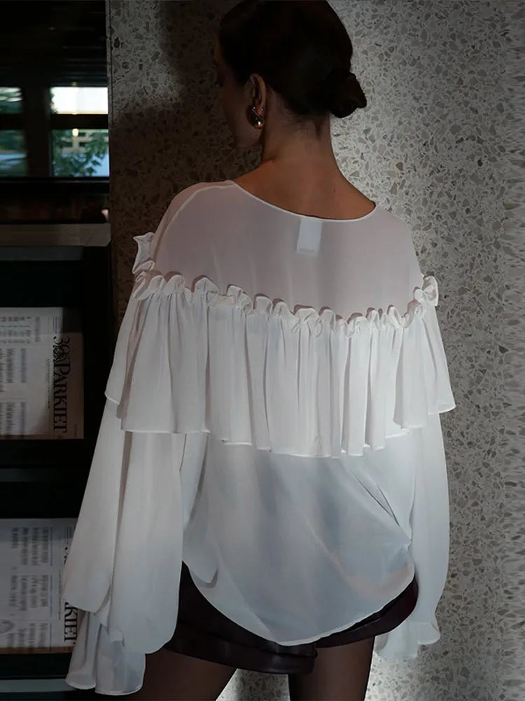 Pleated Layered Deep V-neck Pullover Blouse