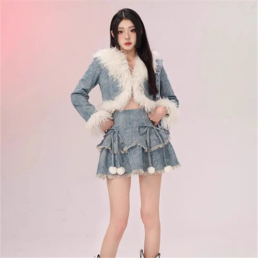 Sweet Hot Girl Suit Autumn/winter Denim Patchwork Furry Short Coat Aline Skirt Twopiece Set Female Clothes
