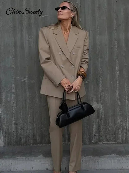 Striped Pant 2 Piece Set Double-breasted Full Sleeve Blazer Wide Leg Zipper Long Trousers Female Lady Commute Outfits