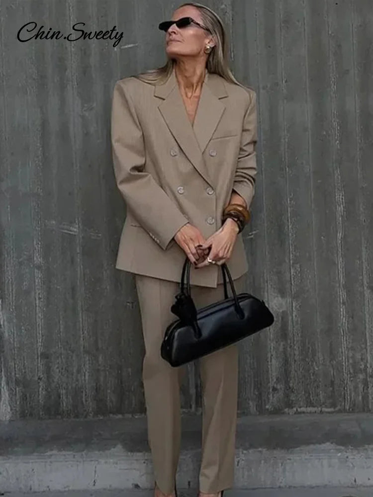 Striped Pant 2 Piece Set Double-breasted Full Sleeve Blazer Wide Leg Zipper Long Trousers Female Lady Commute Outfits