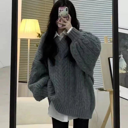 Oversized Sweater Preppy Pink V Neck Knitted Pullovers Harajuku Korean Long Sleeve Knitwear Winter Jumpers