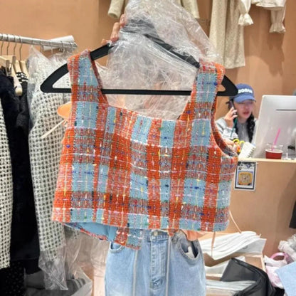 Waistcoat Early Autumn Retro Checkered Square Neck Buckle Versatile Vest Coat Short Clothes