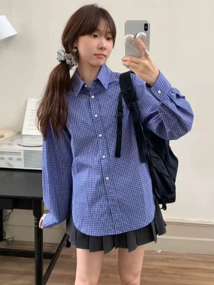 Blue Plaid Shirts for Harajuku Letter Embroidery Checked Blouse Female Oversized Korean Clothes