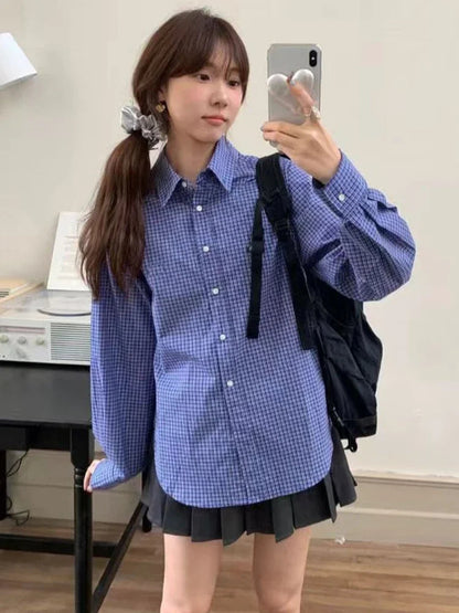 Blue Plaid Shirts for Harajuku Letter Embroidery Checked Blouse Female Oversized Korean Clothes