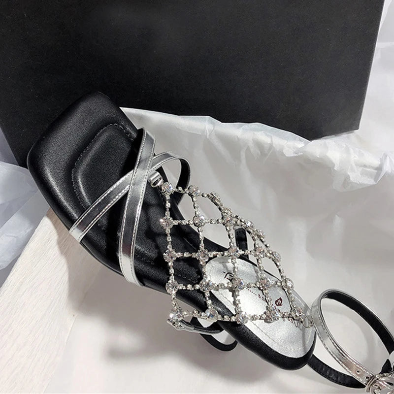Roma Style Hollow Out Crystal Mesh Sandals Cozy Square Open Toe Strange Low Heels Shoes Summer Gladiator Sandalias