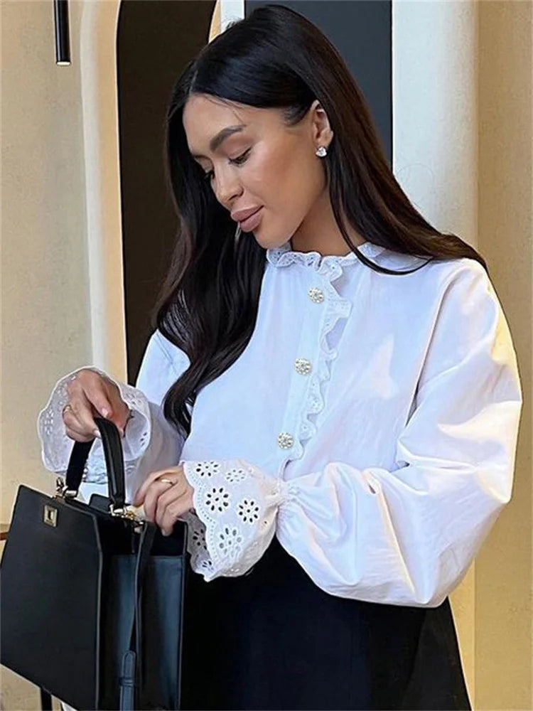 Female Glitter Ruffled Shirts Top Inner Patchwork Long Sleeve Commute Clothes Hollow Out ’s Blouses