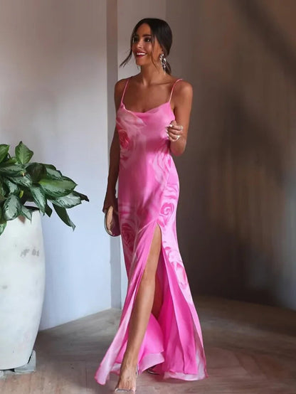 Summer Slip Maxi Dress Printed Slim Party Long Dresses Female Slim Backless High Slit Dress