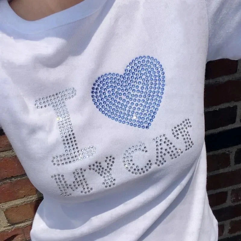 Summer European and American Style Short Sleeved T-shirt With Letter Hot Diamond Top, T-shirt With Slim Fit Inside for
