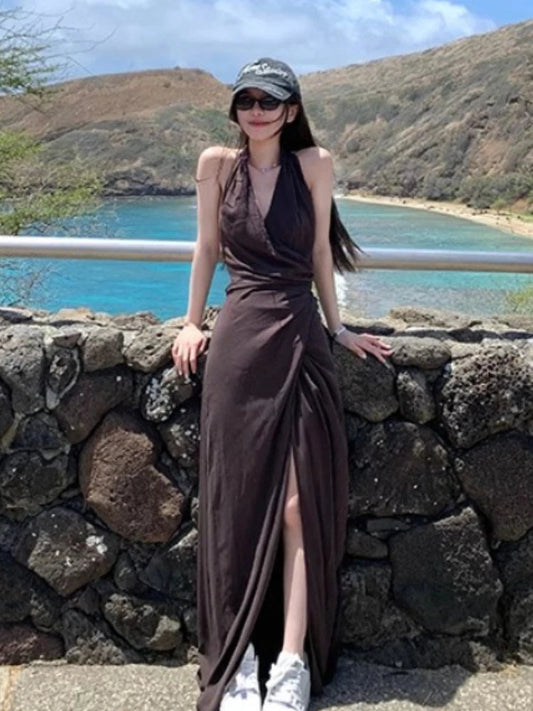 French Vneck Midi Dress Female Beach Style Clothing Summer Retro One Piece Dress Korean