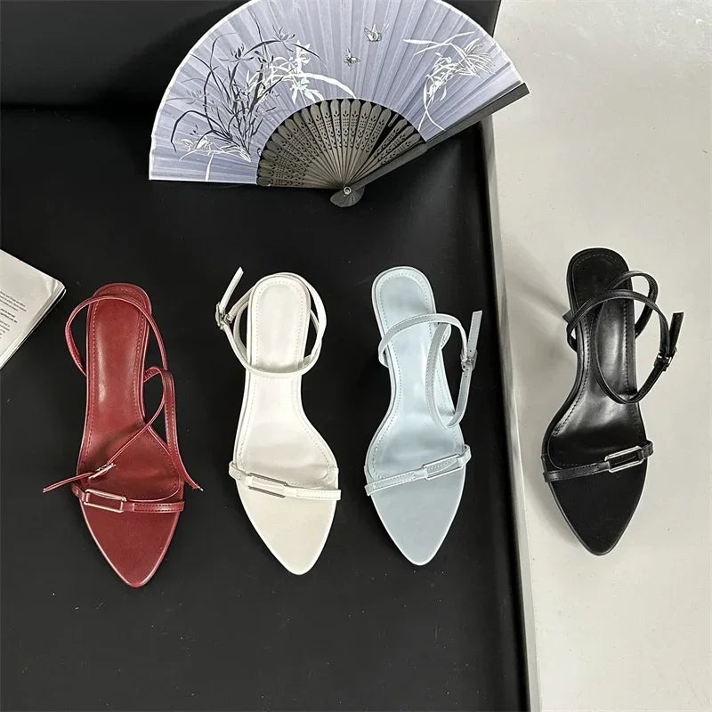 Summer Ankle Buckle Strap Sandals Pointed Toe Thin High Heels Hollow Out Shoes Zapatillas De Mujer