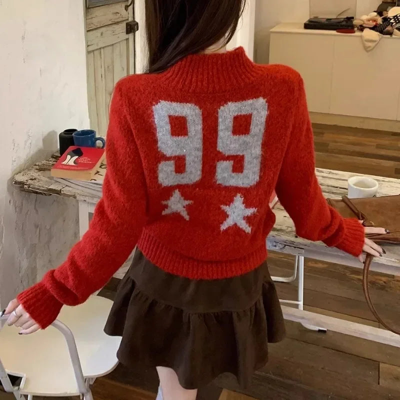 Half High Neck All Match Long Sleeve Sweater Spring New Contrast Color Digital Embroidery Tops