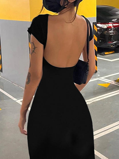 Backless Skinny Short Sleeve Long Dress Summer Vacation Outfits