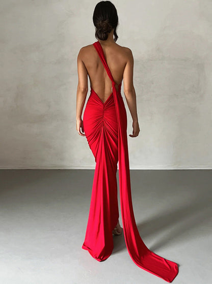 Oblique Shoulder Backless Maxi Dress for Gown Summer Back Strap Sleeveless Ruched Party Long Dress Vestidos