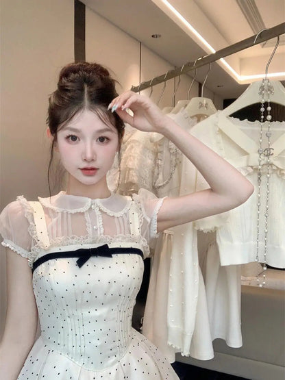 Summer Kawaii New Two Piece Set Chiffon Blouse+sleeveless Strap Dress Female Lolita Japanese Princess Suit