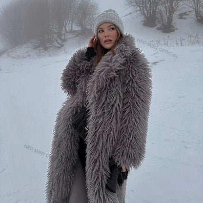 Extra Long Lamb Fur Teddy Coat Winter Mob Wife Style Oversized Chunky Faux Fur Jacket Overcoat