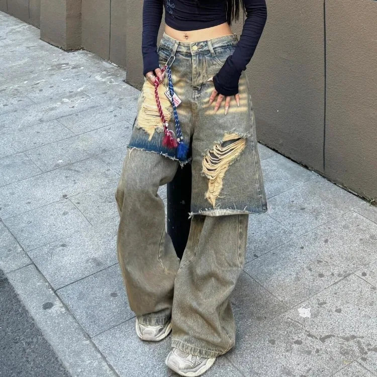 American Oversize Washed Denim Pants Spring Autumn New Loose Jeans for Y2k High Waist Hole Wide Leg Pants