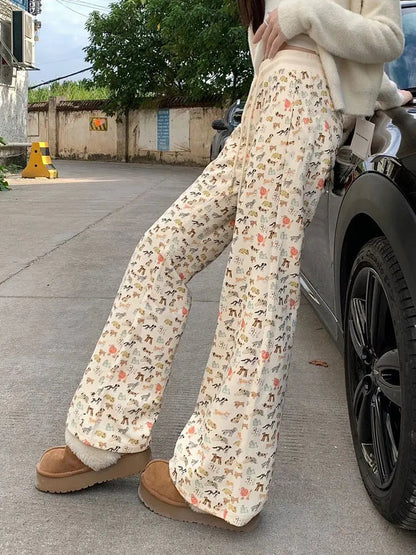 Puppy Print Sweat Y2k Pants Female Autumn Winter Plus Fleece High Waisted Slim Rope Flared Straight Leg Pants