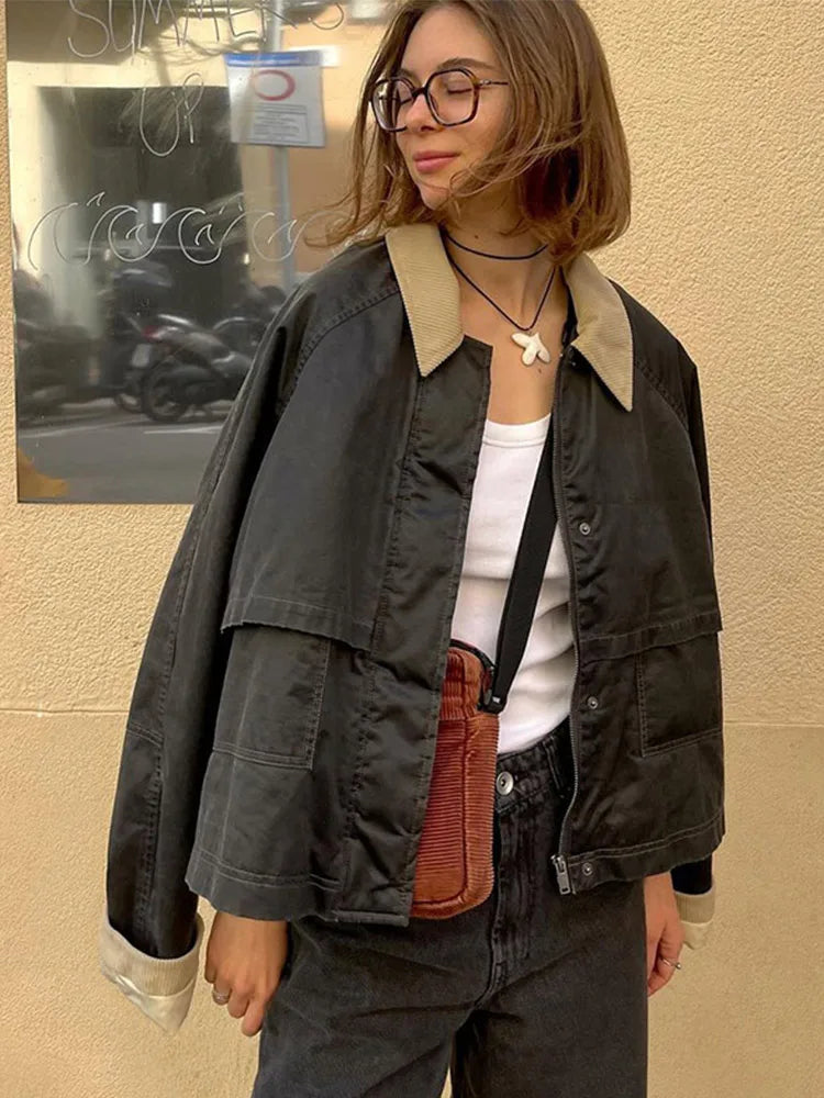 New Cargo Jackets Long Sleeve Patchwork Outwear With Pocket Street Style Punk Loose Top Coats