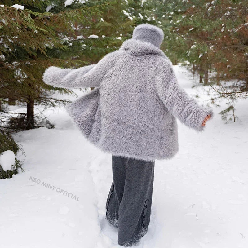 Winter Exclusive Lapel Collar Long Teddy Jacket Coat Brand Cozy Padded Faux Fur Coats Outerwear