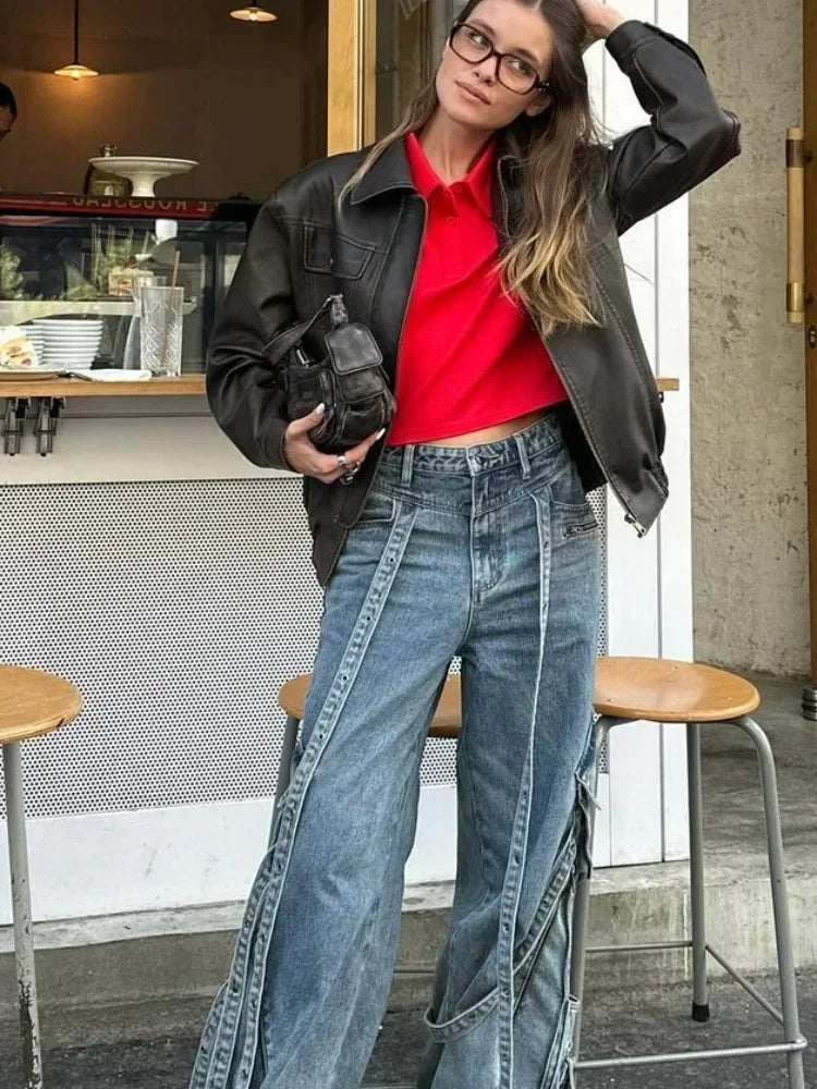 Lapel With Packet Pu Leather Jacket Long Sleeve Zipper Buttons Short Coat Lady New Highstreet Outwear